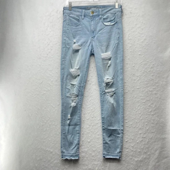 American Eagle Outfitter Jeans Women's Sz 6 Blue Denim Distressed Super Stretch - Picture 1 of 11